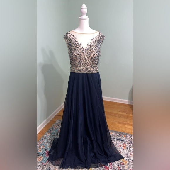 Blue Sequin Beaded Formal Prom Pageant Gown - Picture 4 of 6